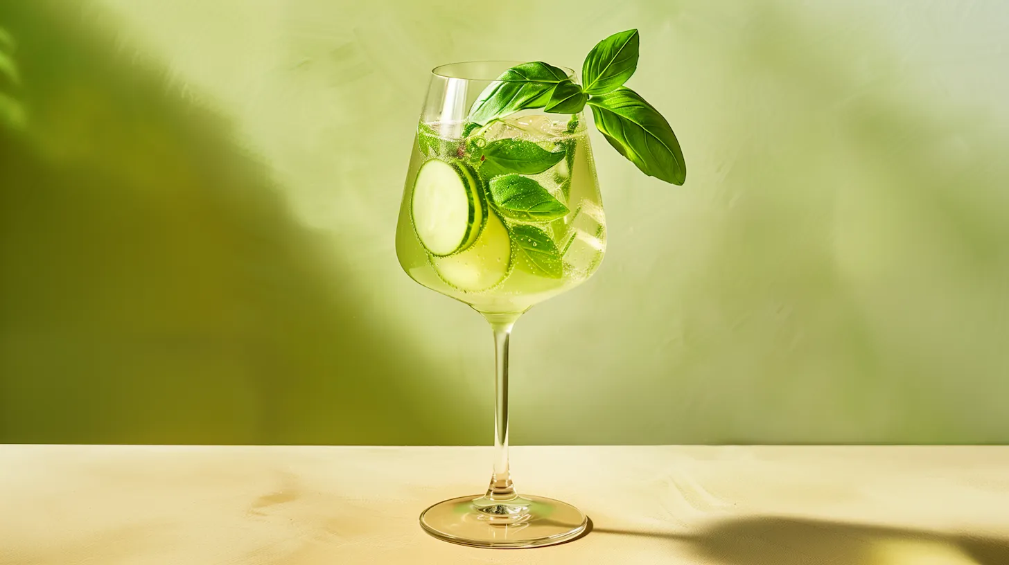 Cocktail dans un verre avec du concombre, de la menthe et des glaçons.