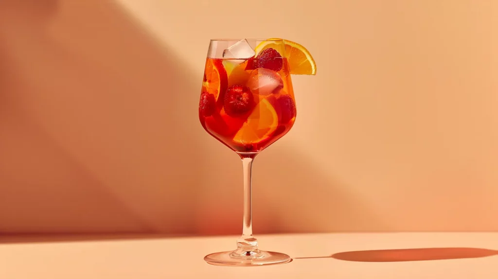 Photo d'un verre de sangria aux fruits rouges sans alcool, avec un morceau d'orange pour la déco !